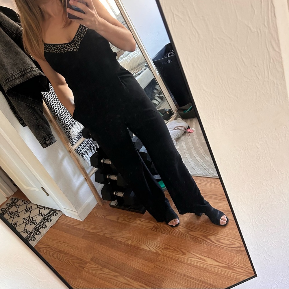 Guess black fitted flare Jumper Onesie pantsuit Jumpsuit tank silver studded 2 - Picture 9 of 11